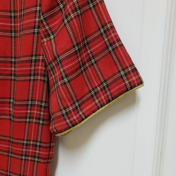 Misty Lane Dress Sz 6 Red Plaid Embroidered Crest Short Slv Midi Vintage Preppy - Picture 7 of 11